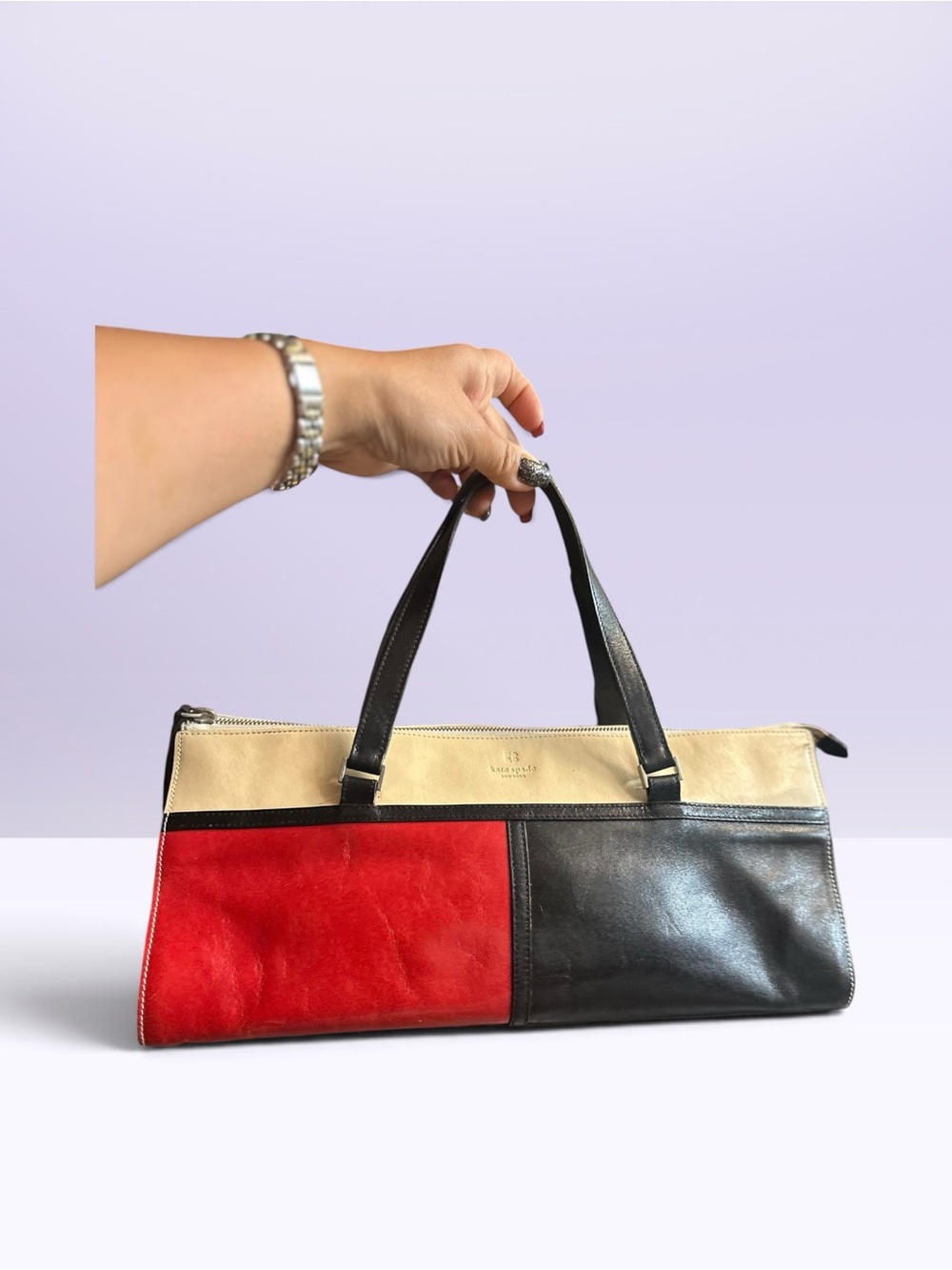 kate spade Tri-Panel Leather Shoulder Bag in Red, Black & Cream